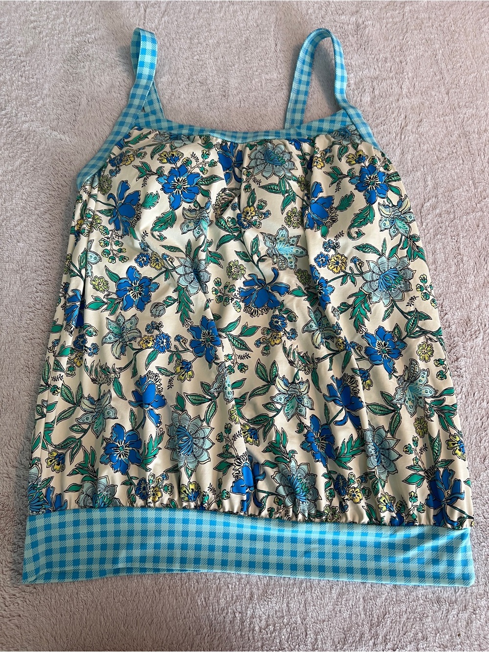 Lands' End Swim Women's Blouson Floral Gingham Tummy Hiding Tankini Top Blue 8